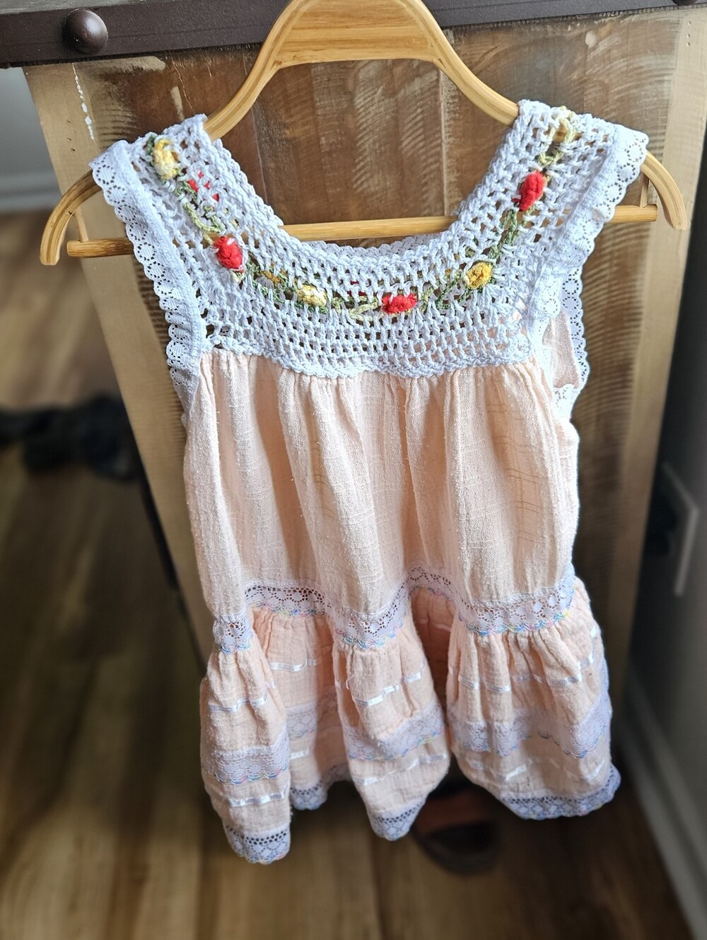 Girls Peach Crochet Yoke Sundress with Floral Embroidery